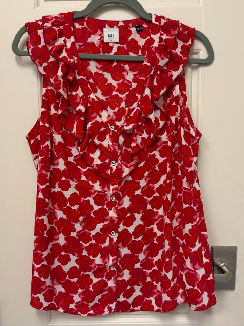 CAbi Red & White Floral Ruffle Button-Front Blouse